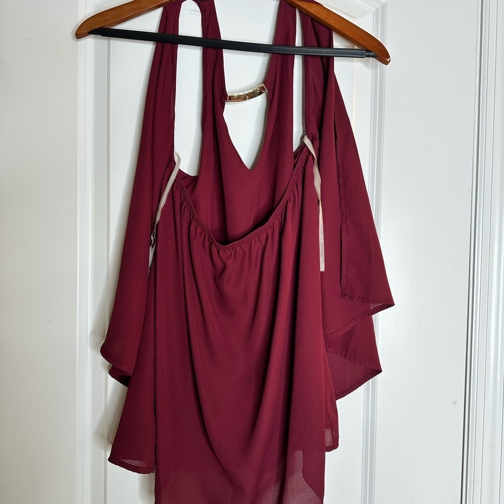 LuLus Burgundy Sleeveless High-Low Blouse w/ Gold Bar Detail | Size S - Picture 8 of 10